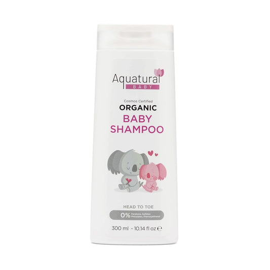 Aquatural Organic Baby Shampoo bottle shows gentle, plant-based cleansing for sensitive skin.