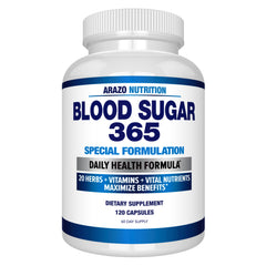 Arazo Blood Sugar 365 bottle with 120 vegetarian capsules on a white background