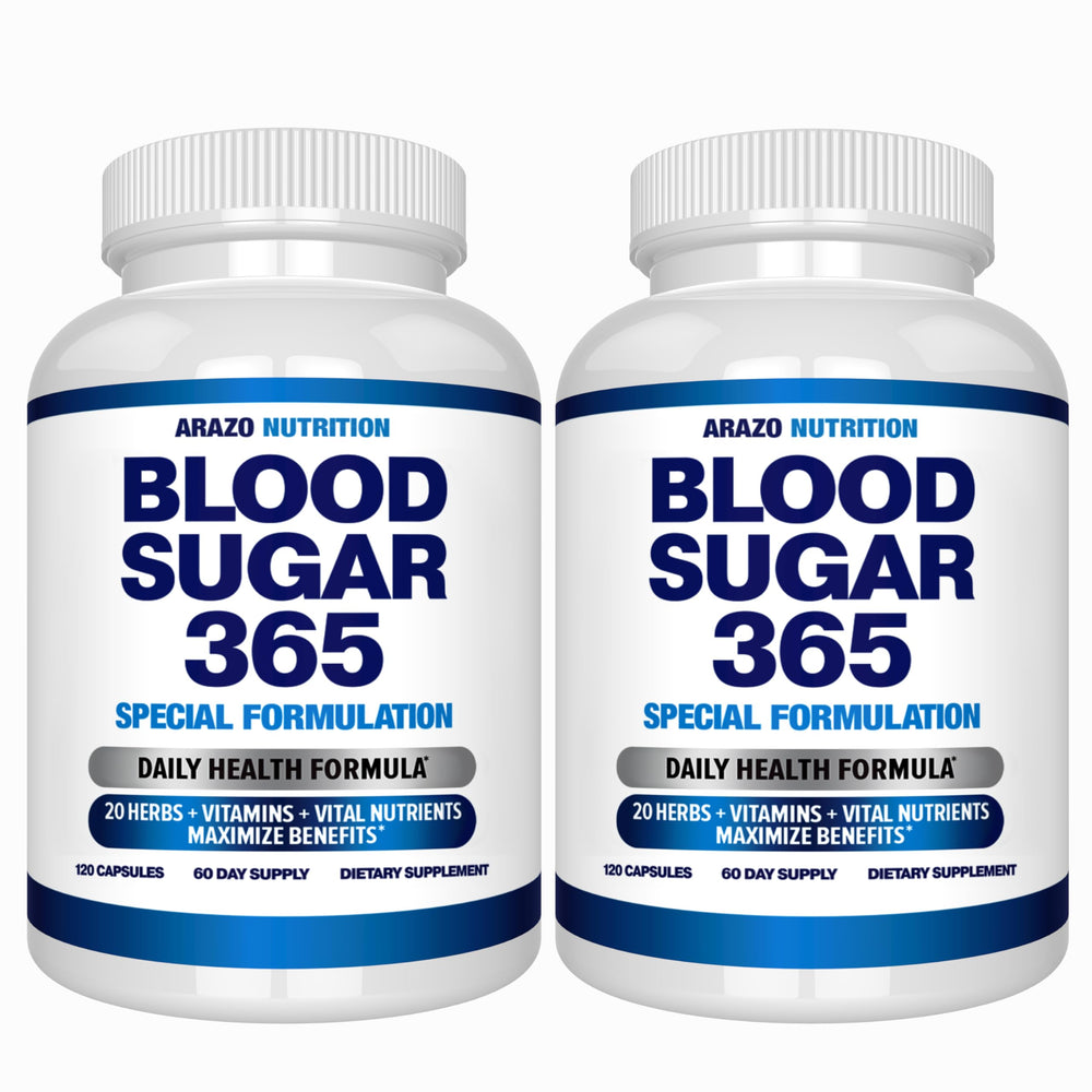 Arazo Nutrition Blood Sugar 365 bottle front showing premium herbal formula for daily energy