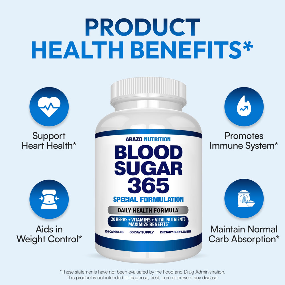Arazo Nutrition Blood Sugar 365 bottle side view supporting steady energy