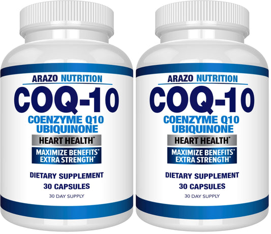 Front view of Arazo Nutrition CoQ10 200mg capsules in Pack of 2