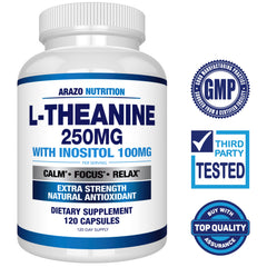 Bottle shot of Arazo Nutrition L-Theanine 250mg Inositol 100mg Pack of 2