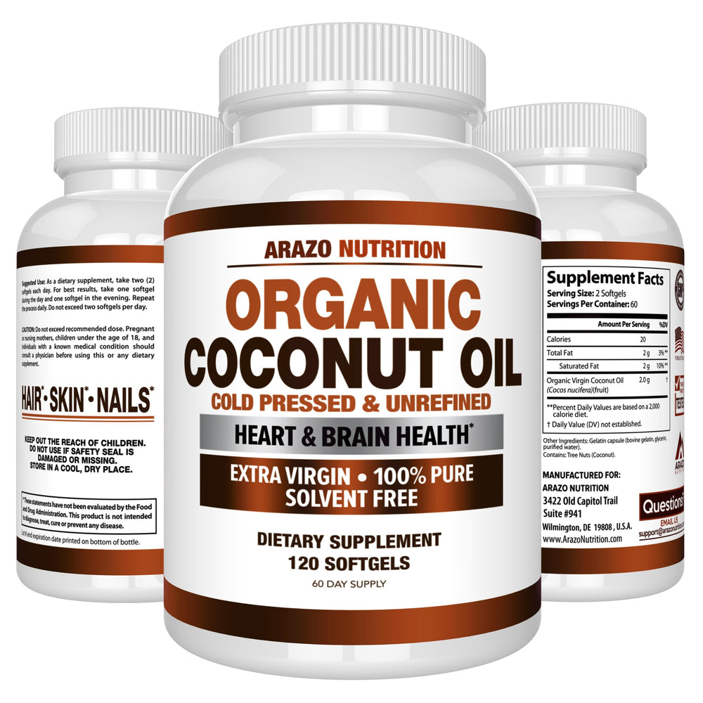 Packaging label showing organic extra virgin coconut oil 2000 MG