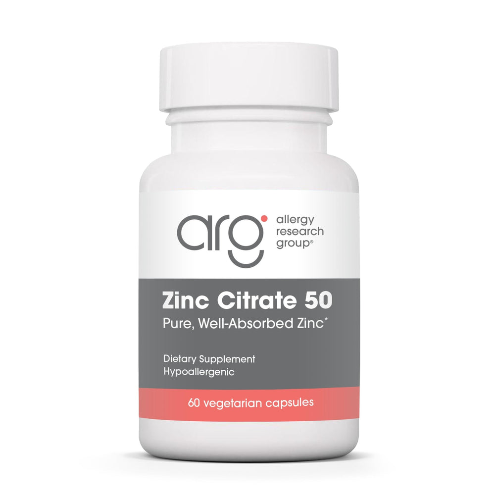 Bottle of Allergy Research Group Zinc Citrate 50 mg – 60 vegetarian capsules