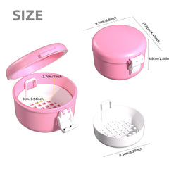 Denture soaking cup with silicone leak-proof seal in pink and white