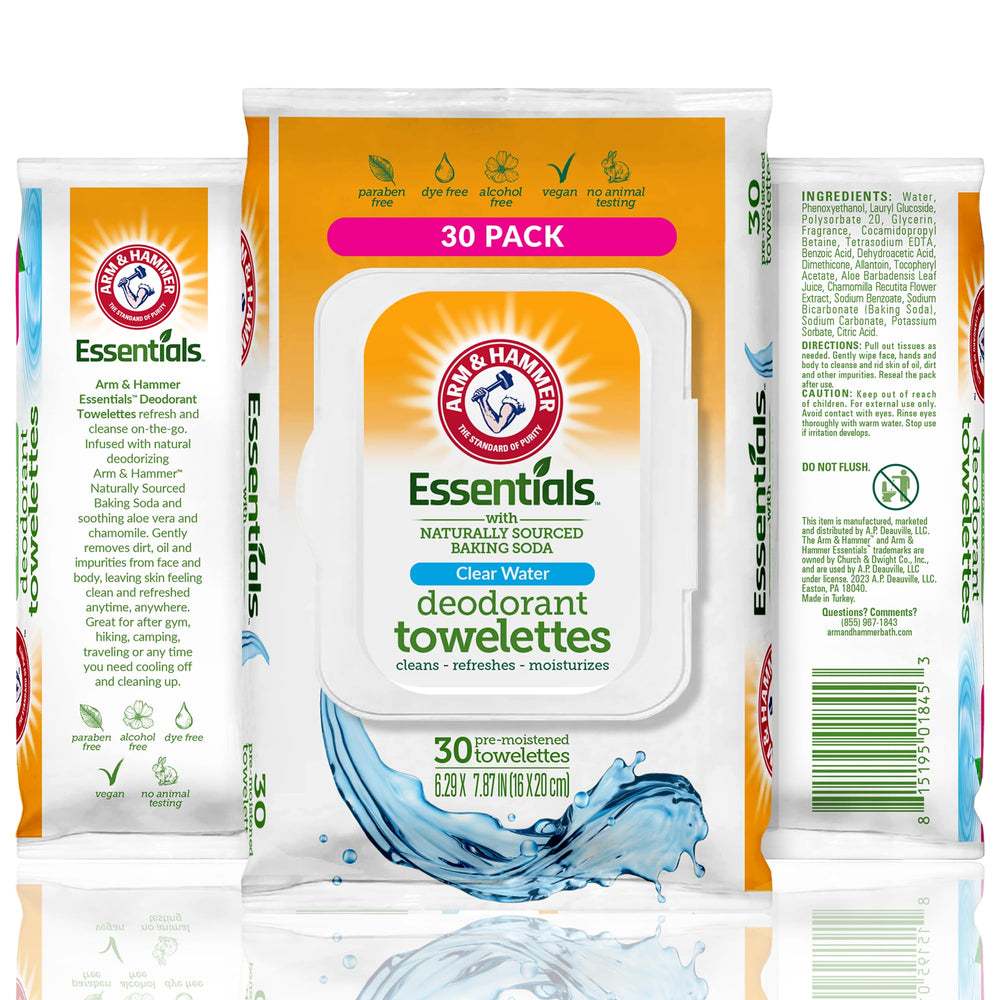 Arm & Hammer face and body wipes pack close-up for adults, convenient on-the-go cleansing.