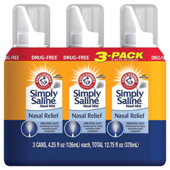 Arm & Hammer Simply Saline nasal mist pour view for gentle nasal hydration.