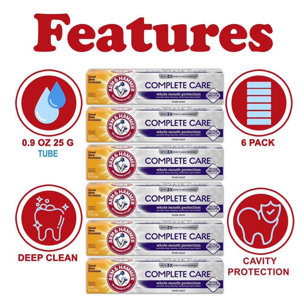 Six travel-size ARM & HAMMER Complete Care toothpaste tubes