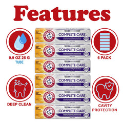 Six travel-size ARM & HAMMER Complete Care toothpaste tubes