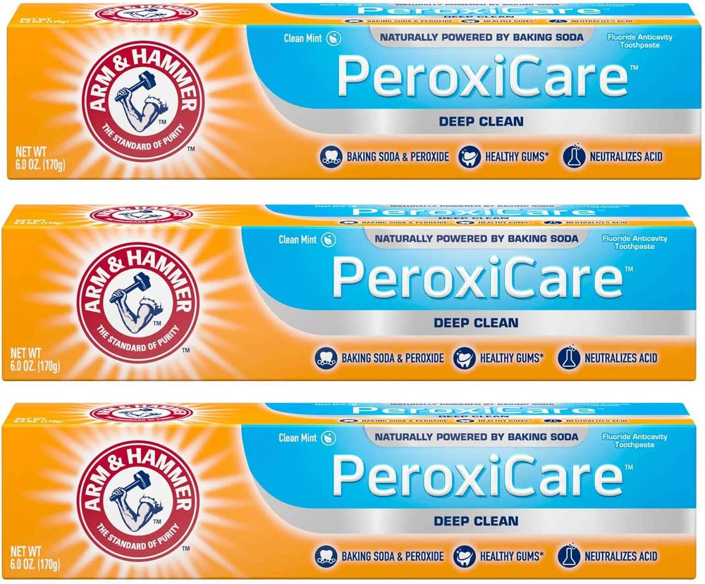 Packaging front of Arm & Hammer PeroxiCare Deep Clean Toothpaste Clean Mint 6 oz Pack of 3