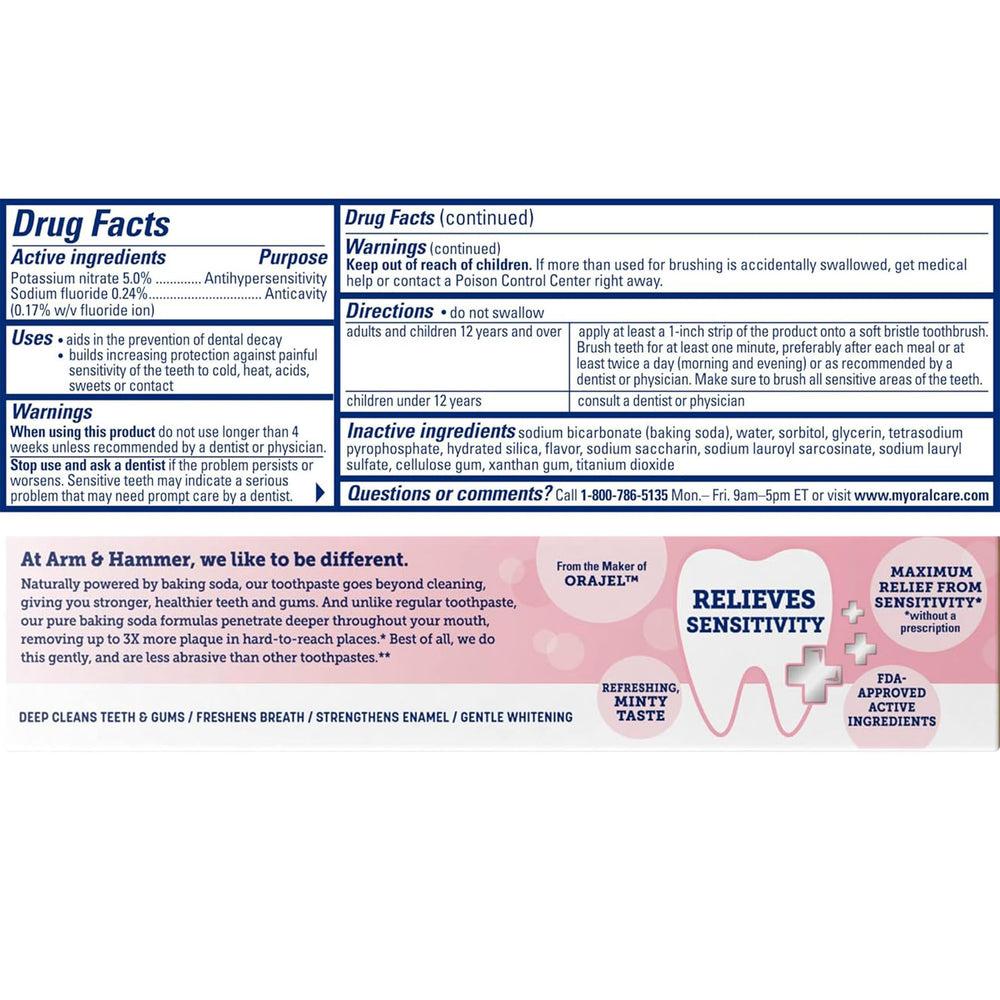 Box packaging for ARM & HAMMER Sensitive Teeth & Gums toothpaste 6-pack