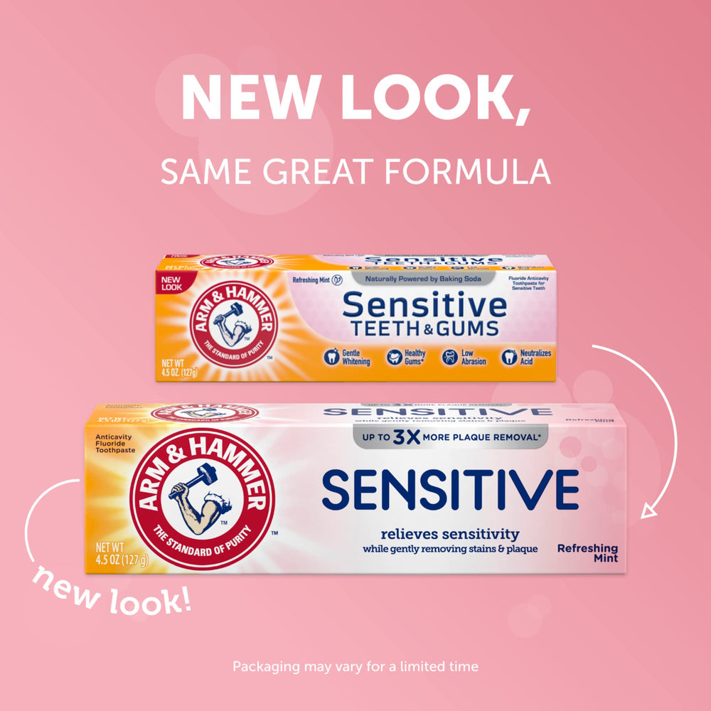 Mint flavored Arm & Hammer Sensitive toothpaste tube