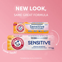Mint flavored Arm & Hammer Sensitive toothpaste tube