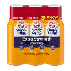 Arm & Hammer Simply Saline extra-strength nasal spray bottle demonstrates fast congestion relief potential.