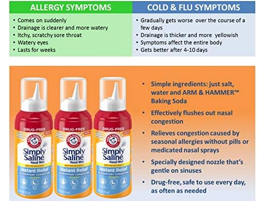 Arm & Hammer Simply Saline ingredients label shows water, salt, baking soda.
