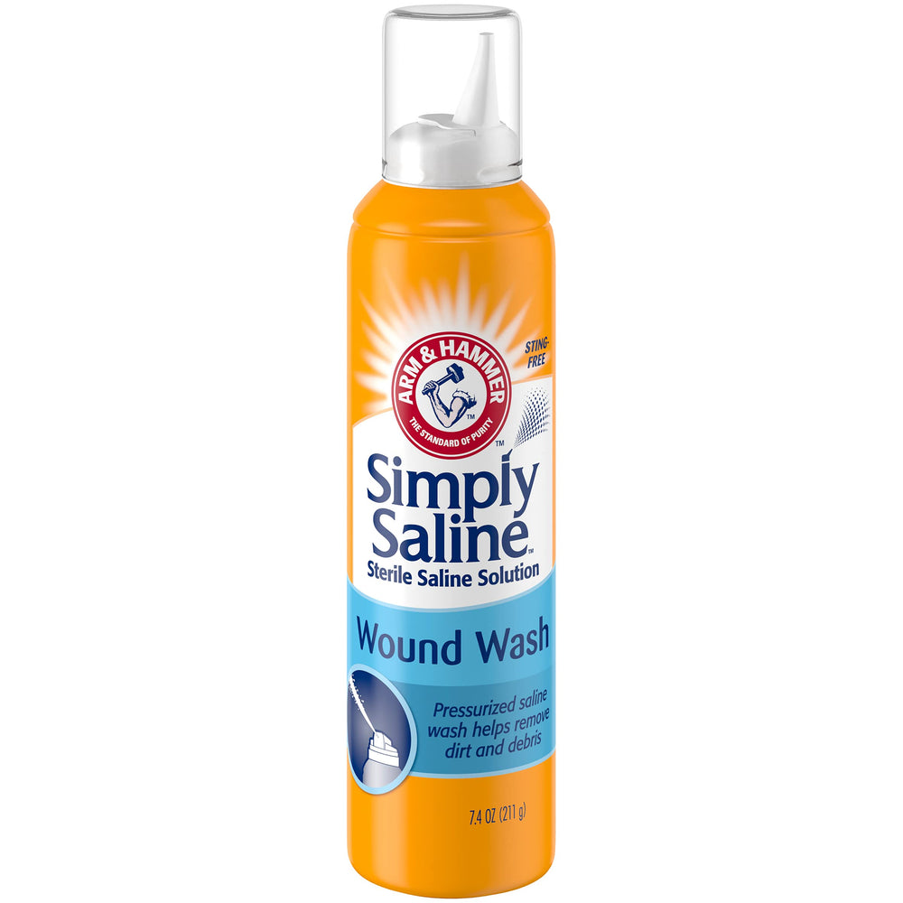 Arm & Hammer Simply Saline wound wash spray upside down in use for easy application.