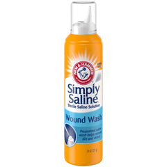 Arm & Hammer Simply Saline wound wash spray upside down in use for easy application.