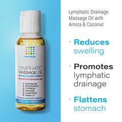 Close-up of Arnica and coconut oil lymphatic massage oil bottle.