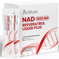 Arofum NAD+ liquid supplement bottle with 30 packets on a clean surface