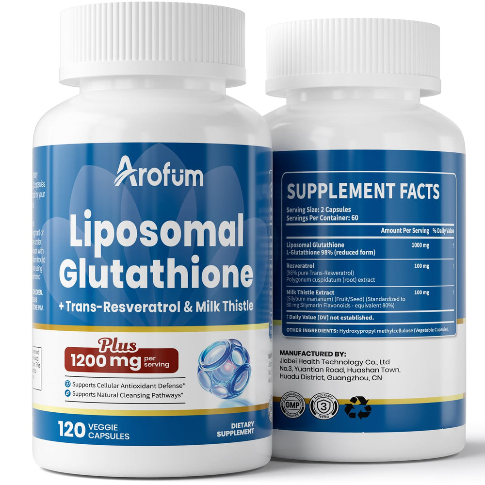 Bottle of Arofum Liposomal Glutathione 1000mg with Resveratrol and Milk Thistle