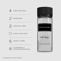 Aroma360 24K Magic bottle close-up, highlighting lemongrass, bergamot, and laurel notes for an energizing scent.
