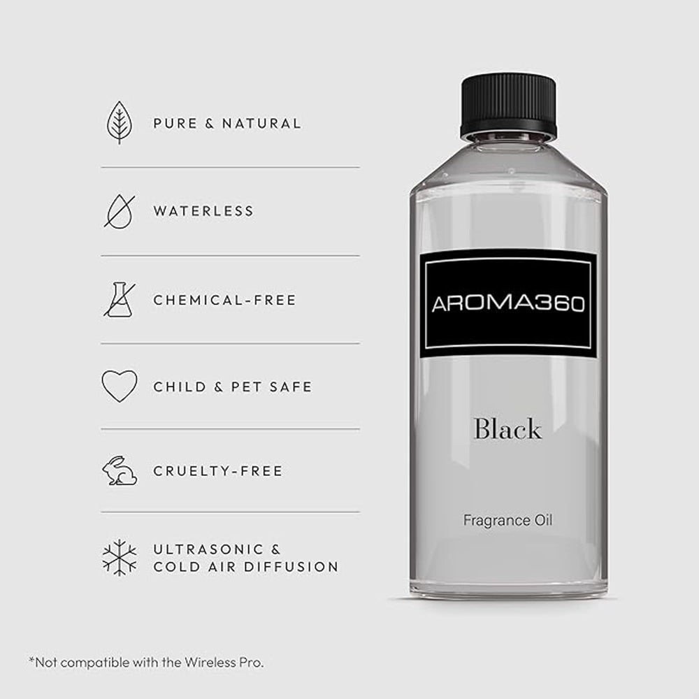 Aroma360 Black Diffuser Oil Luxury bottle design for modern interiors
