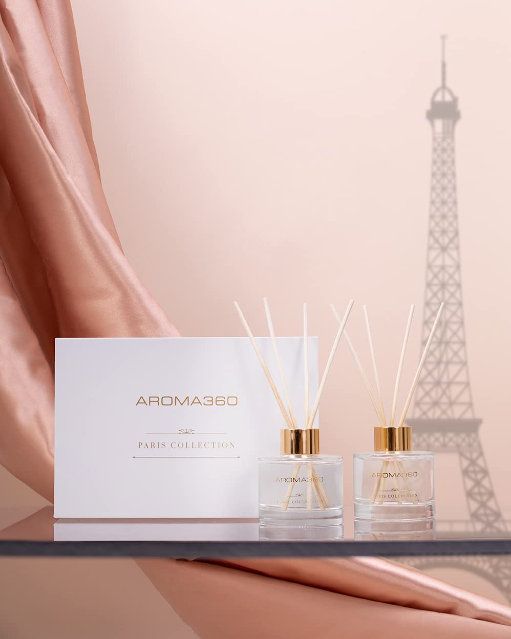 Aroma360 Dream On Paris oil bottle highlights warm vanilla and cedar benefits for evenings.