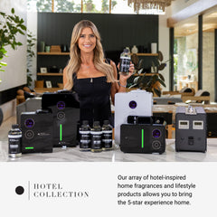 Aroma360 Hotel Collection oils beside Tower Diffuser for complete setup.