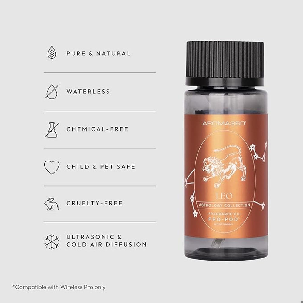 Aroma360 Leo Pro-Pod Rose Gold label highlights premium diffusion and lasting aroma
