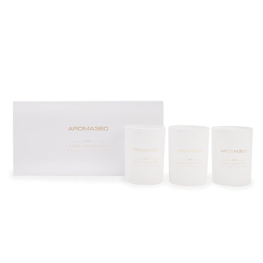 Aroma360 Paris Collection Chandelier Trio packshot showcasing long-lasting soy candles for luxurious ambiance.