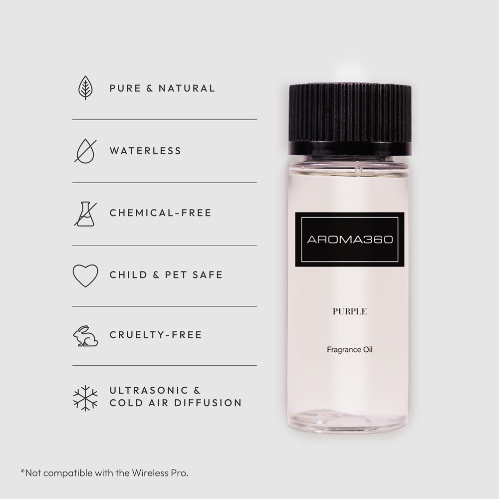Aroma360 Purple 50mL diffuser setup showcasing long lasting fragrance for living spaces