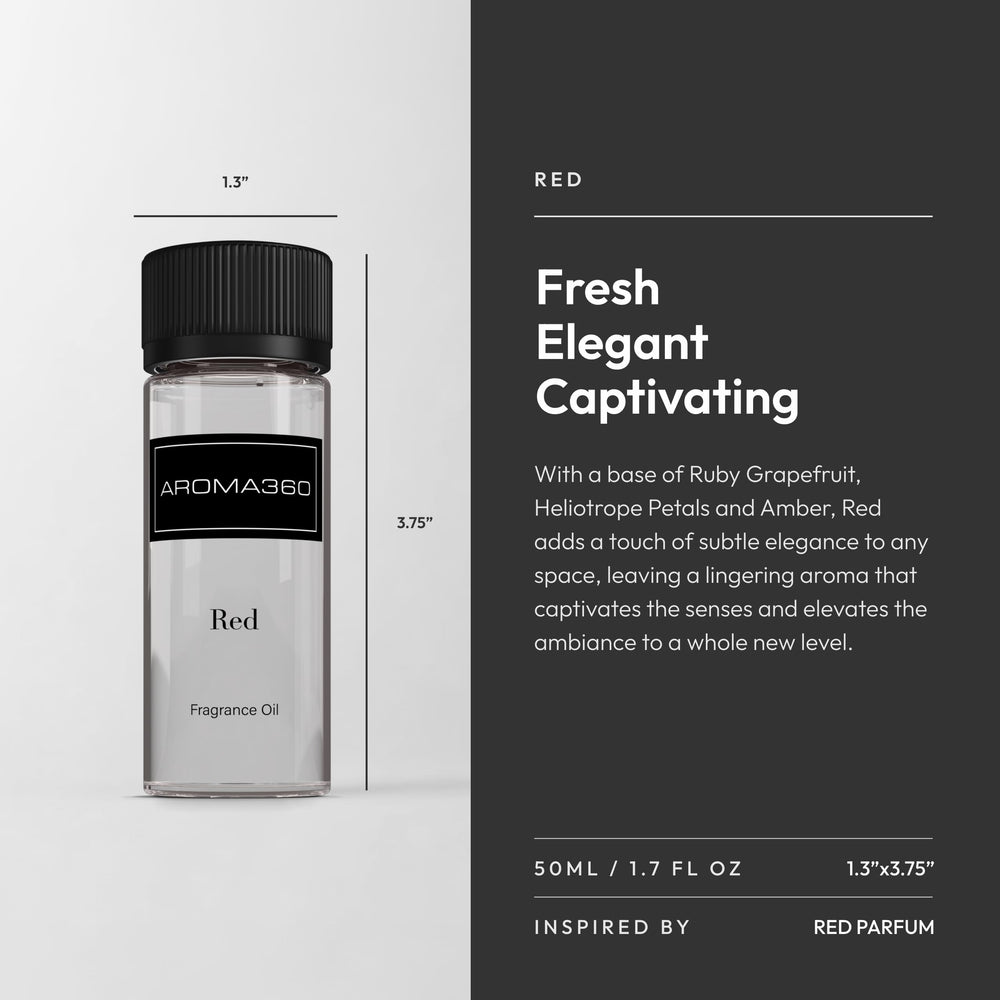 Aroma360 Red amber-toned bottle highlighting cashmere amber and ruby grapefruit warmth