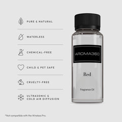Aroma360 Red Diffuser Oil drops into a diffuser, filling the space with amber and floral notes.