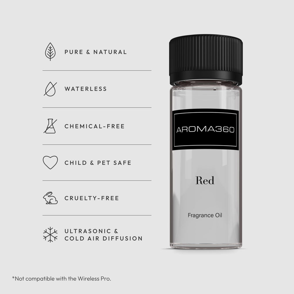 Aroma360 Red diffuser oil glass scene inviting sophisticated ambiance with rich notes