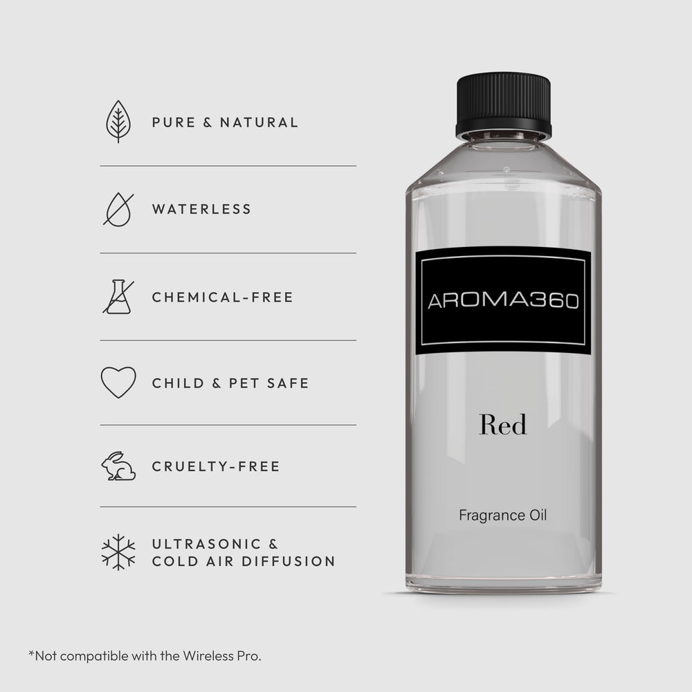 Aroma360 Red label close-up highlighting ruby grapefruit notes for a vibrant atmosphere.