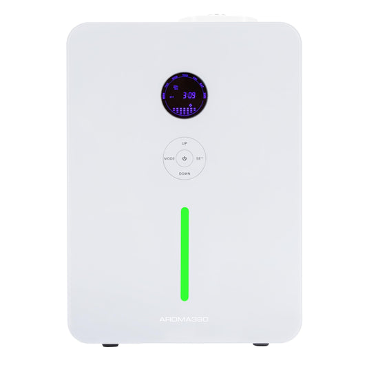 Aroma360 VanGogh360 diffuser front view in white delivering even coverage for large spaces.