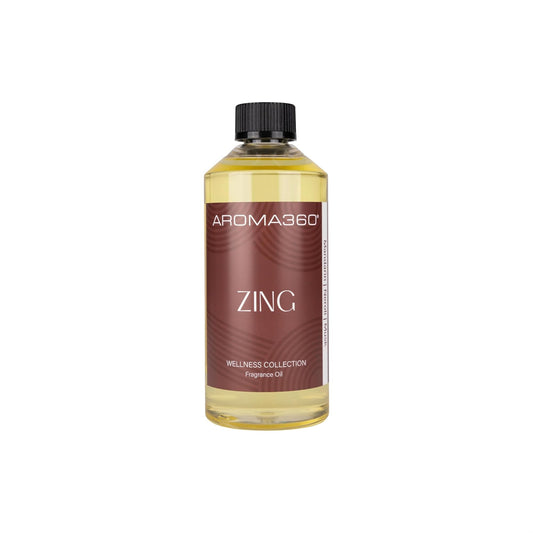 Aroma360 Zing fragrance oil blend bottle pour for energizing home and office spaces.