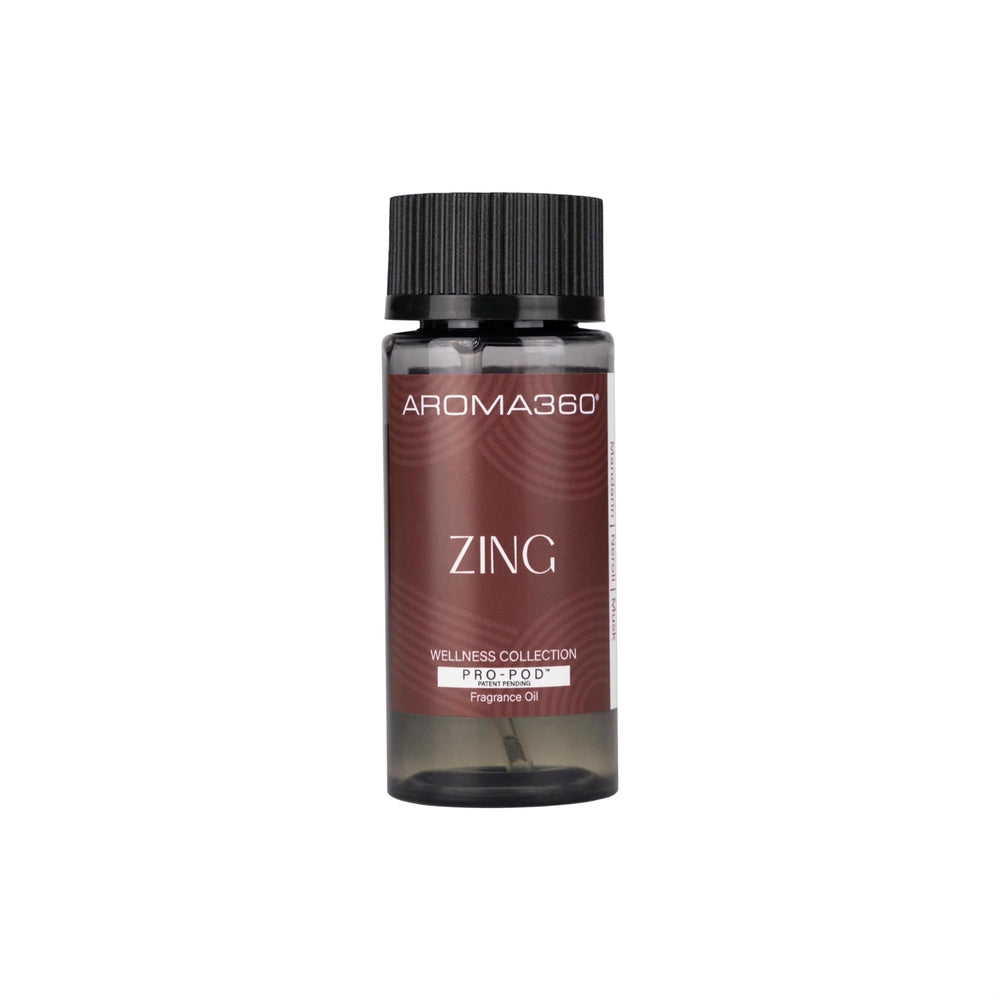 Aroma360 Zing Pro-Pod oil bottle with mandarin-neroli-musk for energizing workspace ambiance.