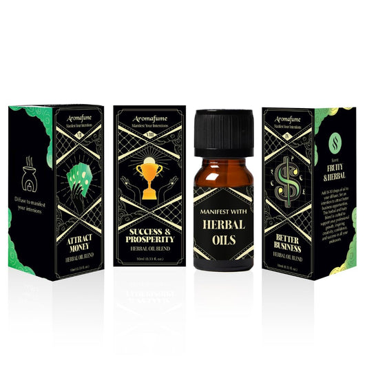 Aromafume Attract Money diffuser oil bottle shows warm aroma to boost focus and motivation.