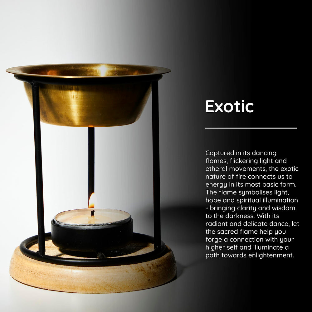 Aromafume exotic burner atop wooden coaster enhances ambience and stabilizes the diffuser.
