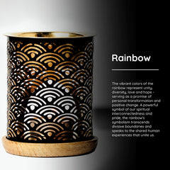 Aromafume Rainbow oil burner lit scene suggests mood-enhancing aromatherapy