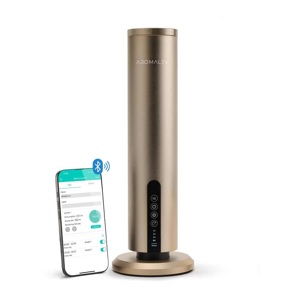 AROMALEV waterless diffuser tower gold showing premium design and extended fragrance diffusion