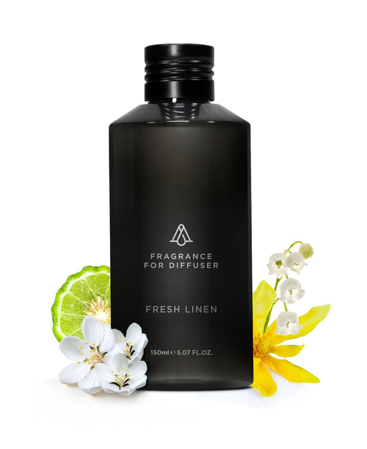 AromaPlan Fresh Linen 150ml bottle viewed from side