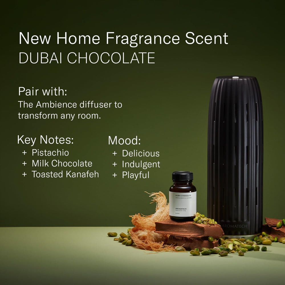 Close-up of AromaTech Dubai Chocolate essential oil bottle.