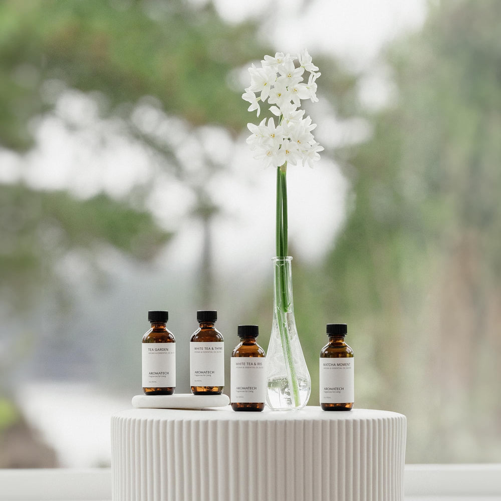 Close-up of the four blends in the AromaTech Tea Collection Set: Matcha Moment, Tea Garden, White Tea & Iris, and White Tea & Thyme.