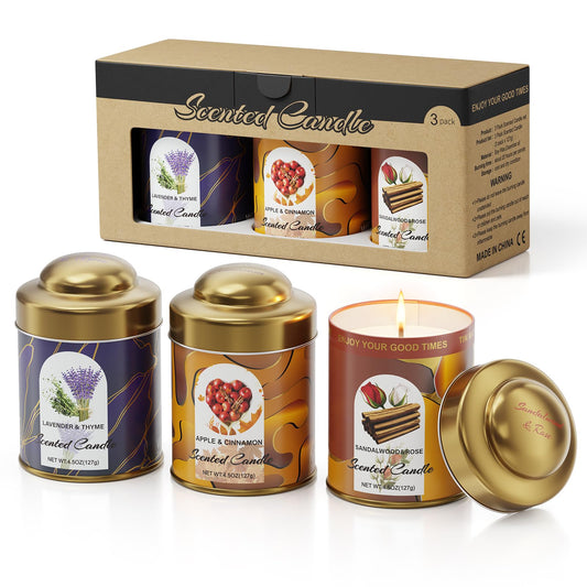 Three 4.5oz aromatherapy candles: Lavender & Thyme, Apple & Cinnamon, and Sandalwood & Rose