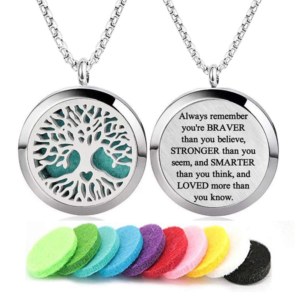 Aromatherapy diffuser necklace in stainless steel with Tree of Life locket pendant