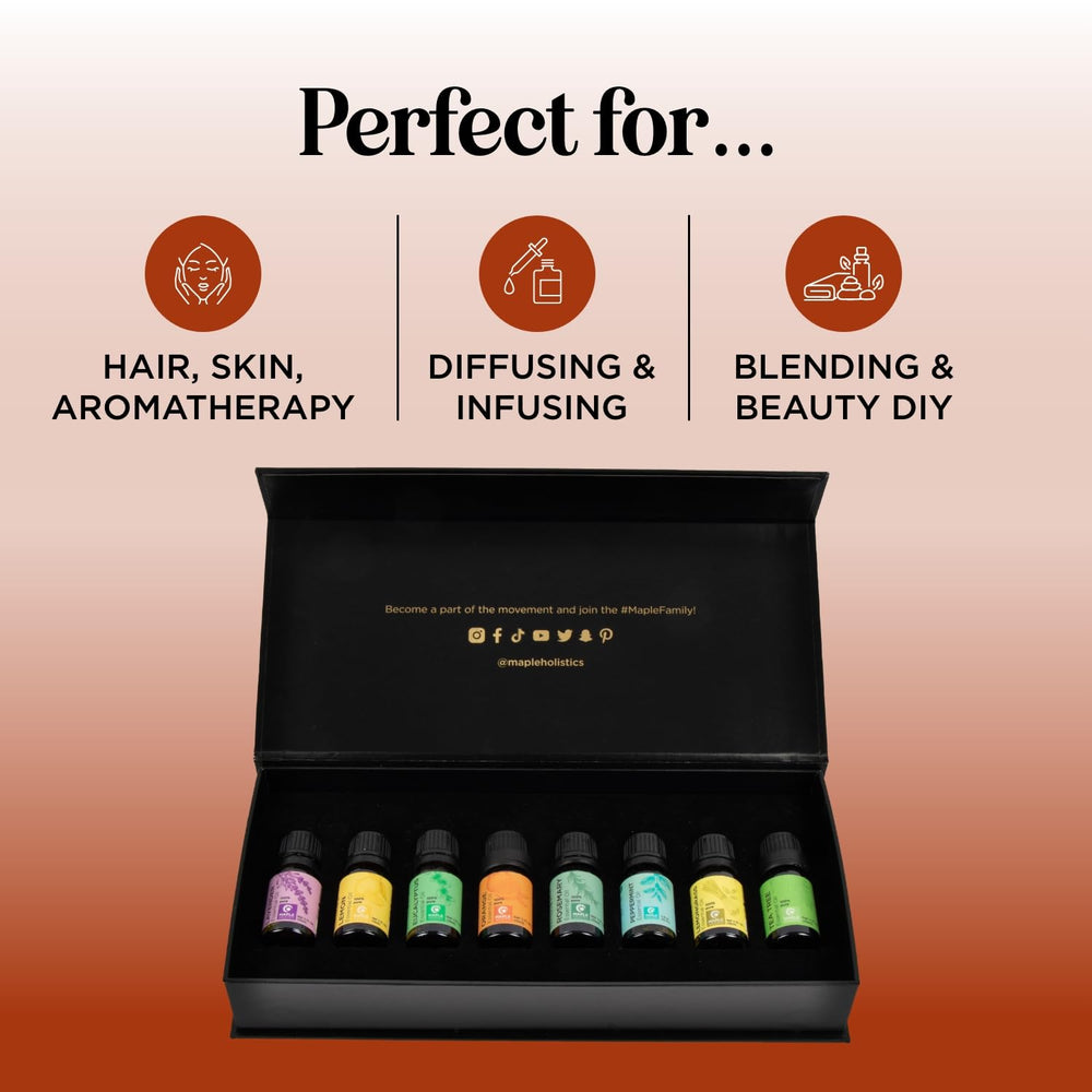 Lavender, tea tree, rosemary, orange, lemon, eucalyptus, lemongrass and peppermint oils