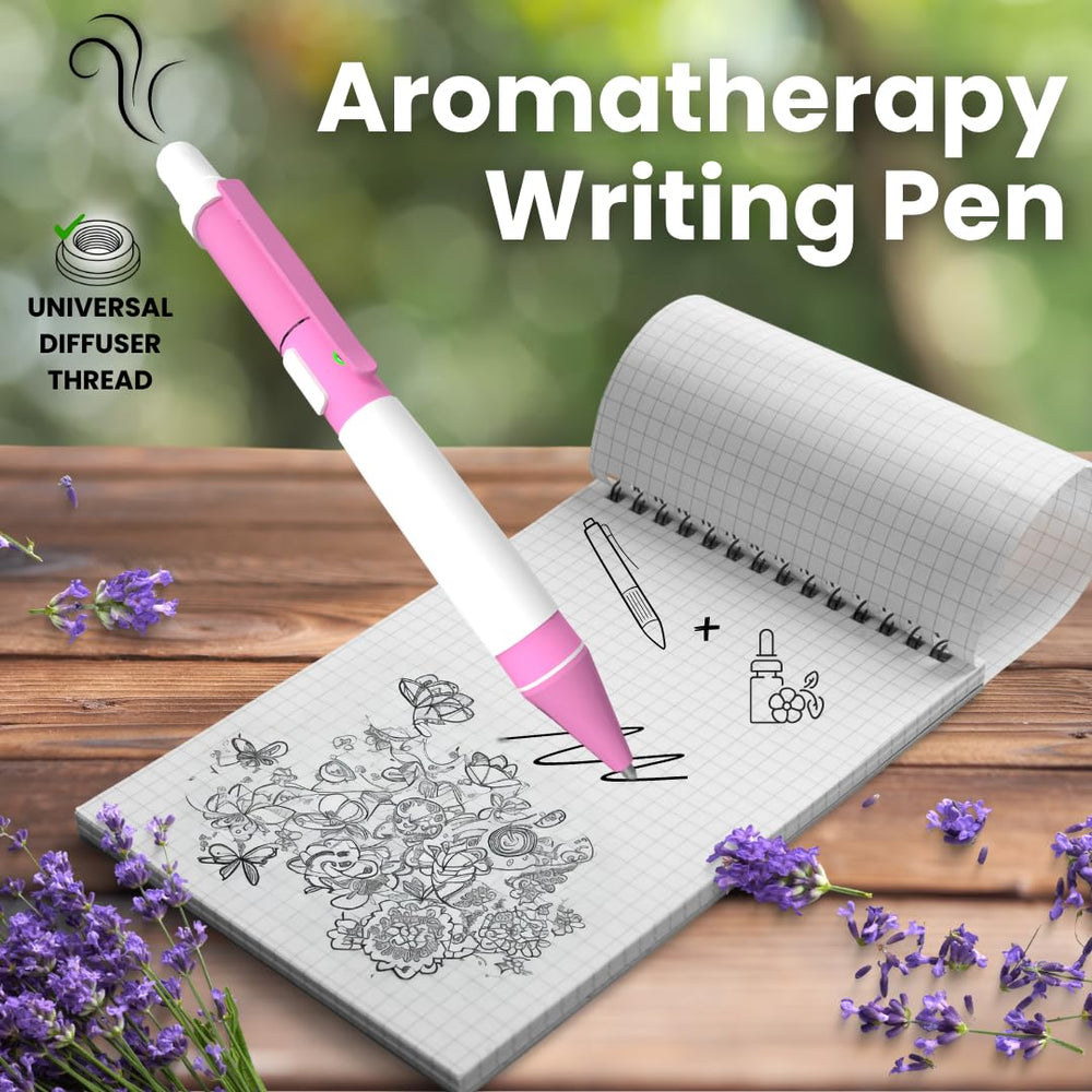 Close-up of twist-to-write mechanism on pink aromatherapy pen