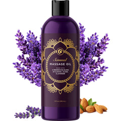 Aromatherapy sensual massage oil bottle with lavender sprigs